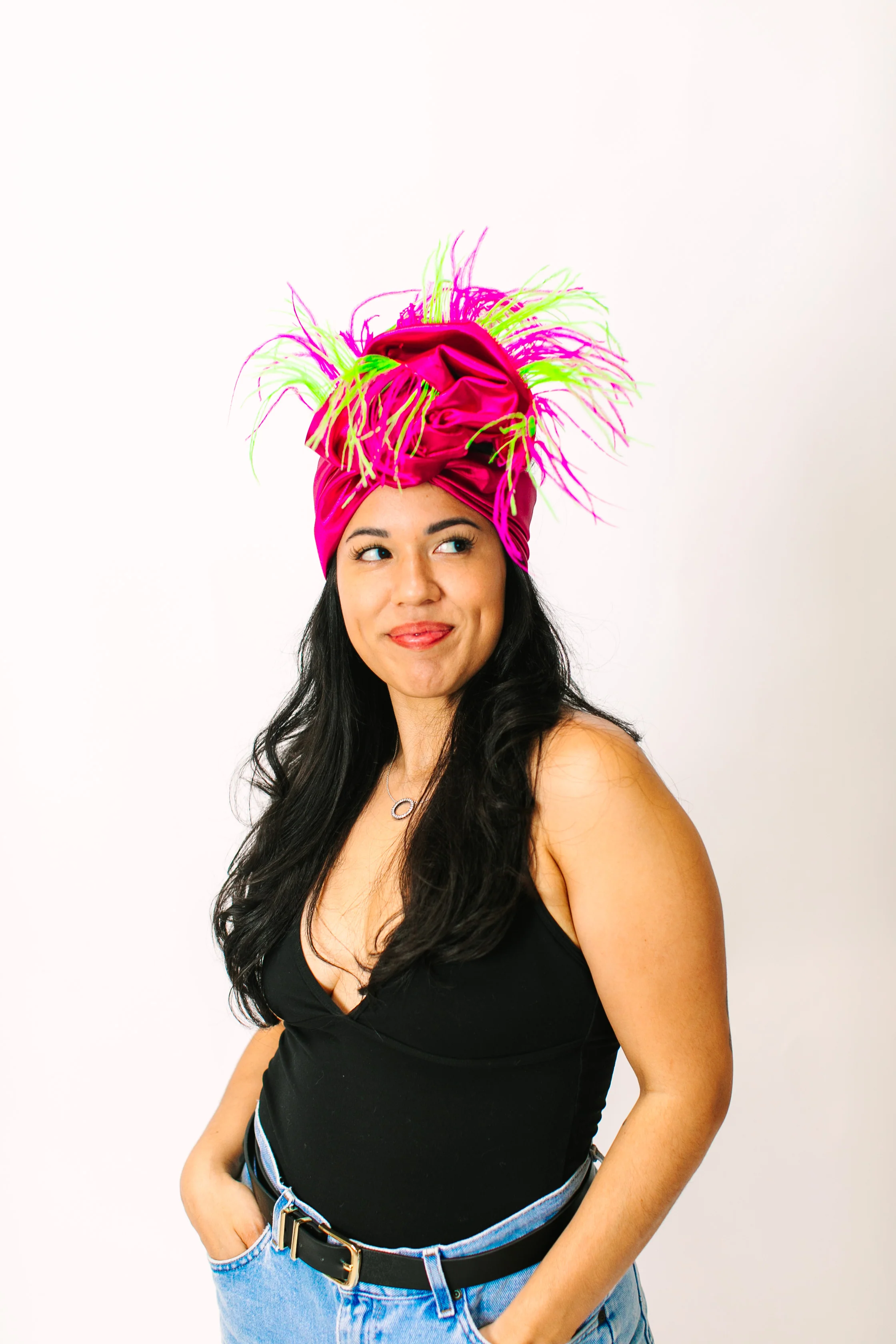 Fuchsia Lame With Pink & Green Ostrich Feathers - Image 3